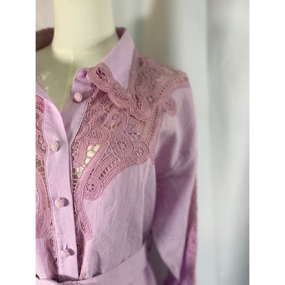 Dream Catcher Lilac Pink Ramie Crochet Lace Belted Shirtdress NWT Size M - Picture 3 of 16